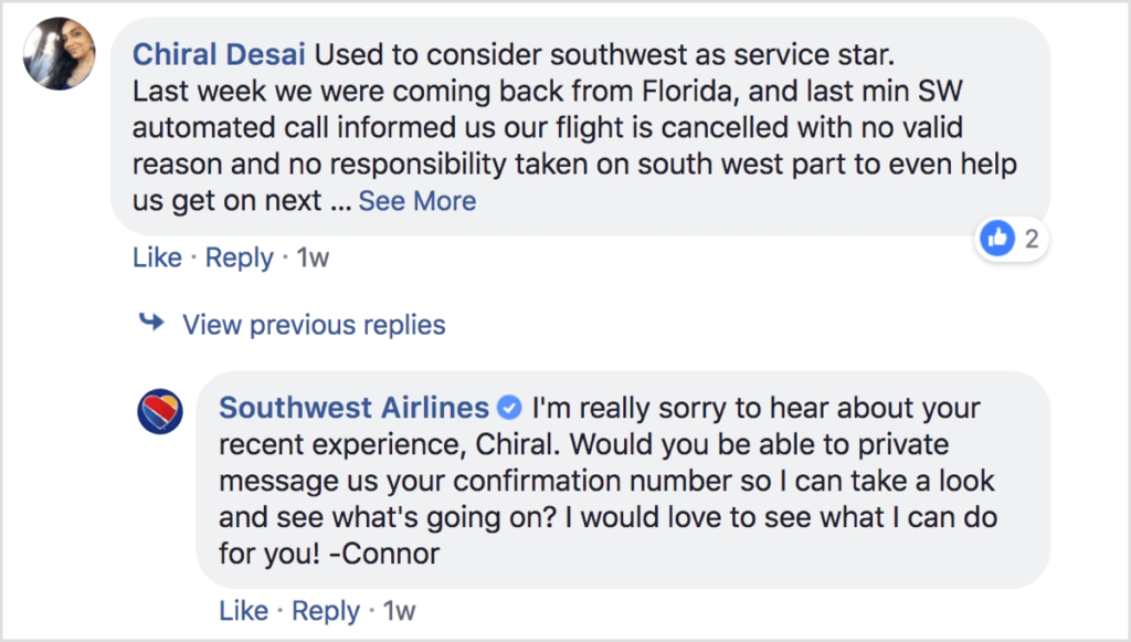 Southwest Airlines tweeting a customer