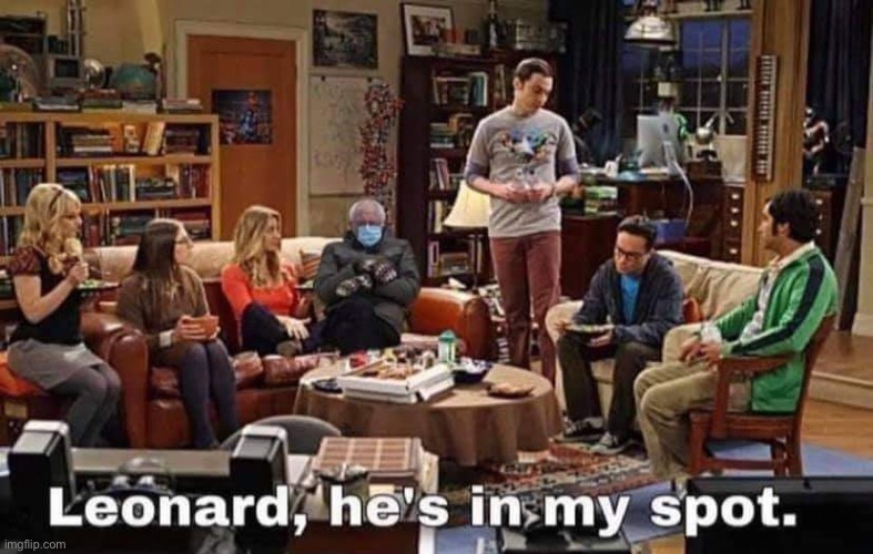 Meme with Bernie Sanders photoshopped in the Big Bang Theory.