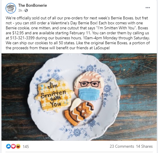 A Facebook post from The BonBonerie advertises Valentine's Day Bernie Boxes with cookies decorated like the meme.