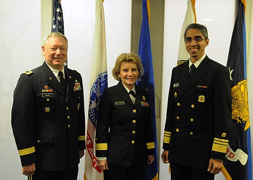 US Surgeon General Vivek Murthy with Army General Frank Grass and Admiral Joan Hunter.