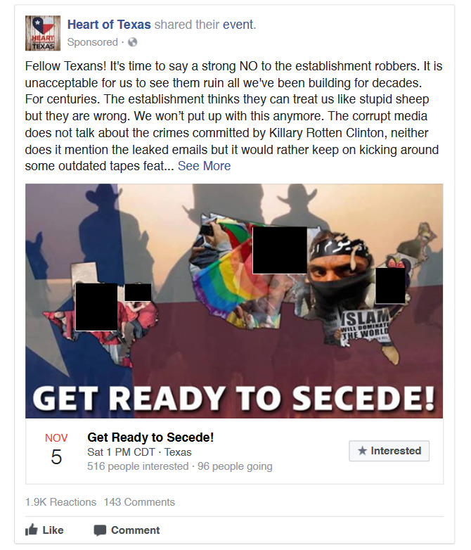 Example of social media misinformation in the form of a meme. It calls for Texas to secede and is from a fake group.